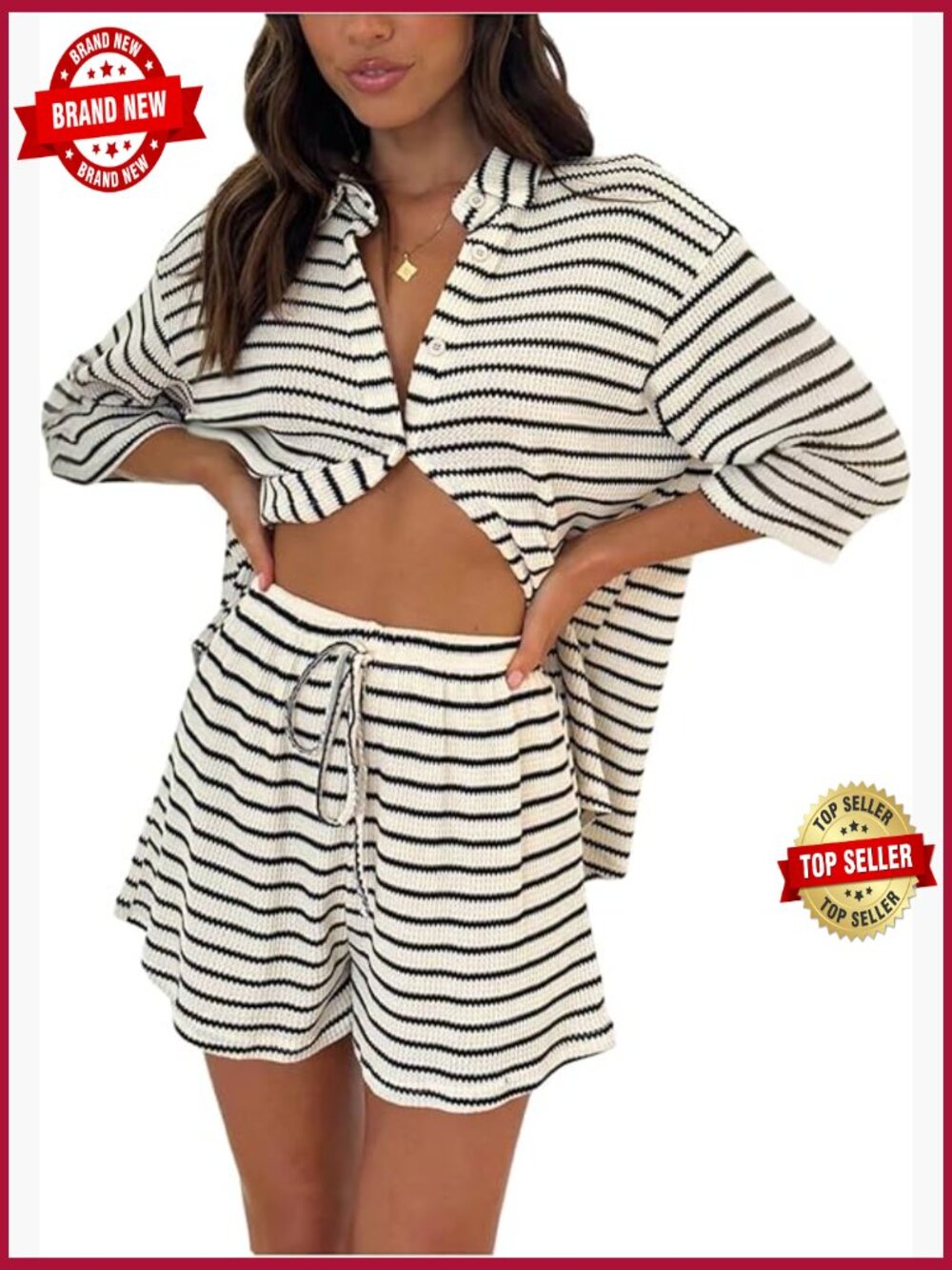 Women's 2 Piece Short Set - Striped Button Up Top & Shorts Matching Outfit